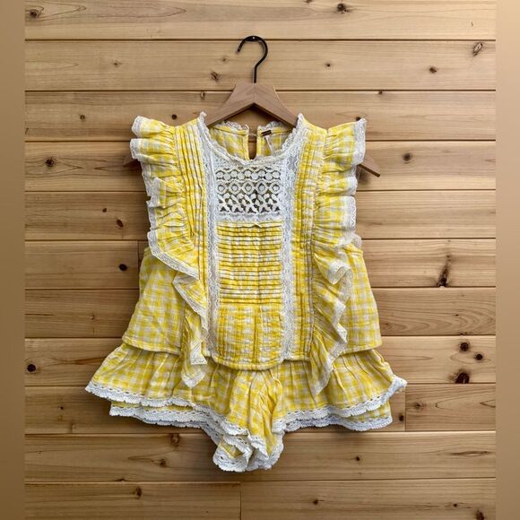 Free People Size 2/XS Yellow Gingham Lace Blouse Shorts Tessa Set - Picture 1 of 11